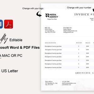 Editable Invoice Template Word PDF Download Printable Customizable ...