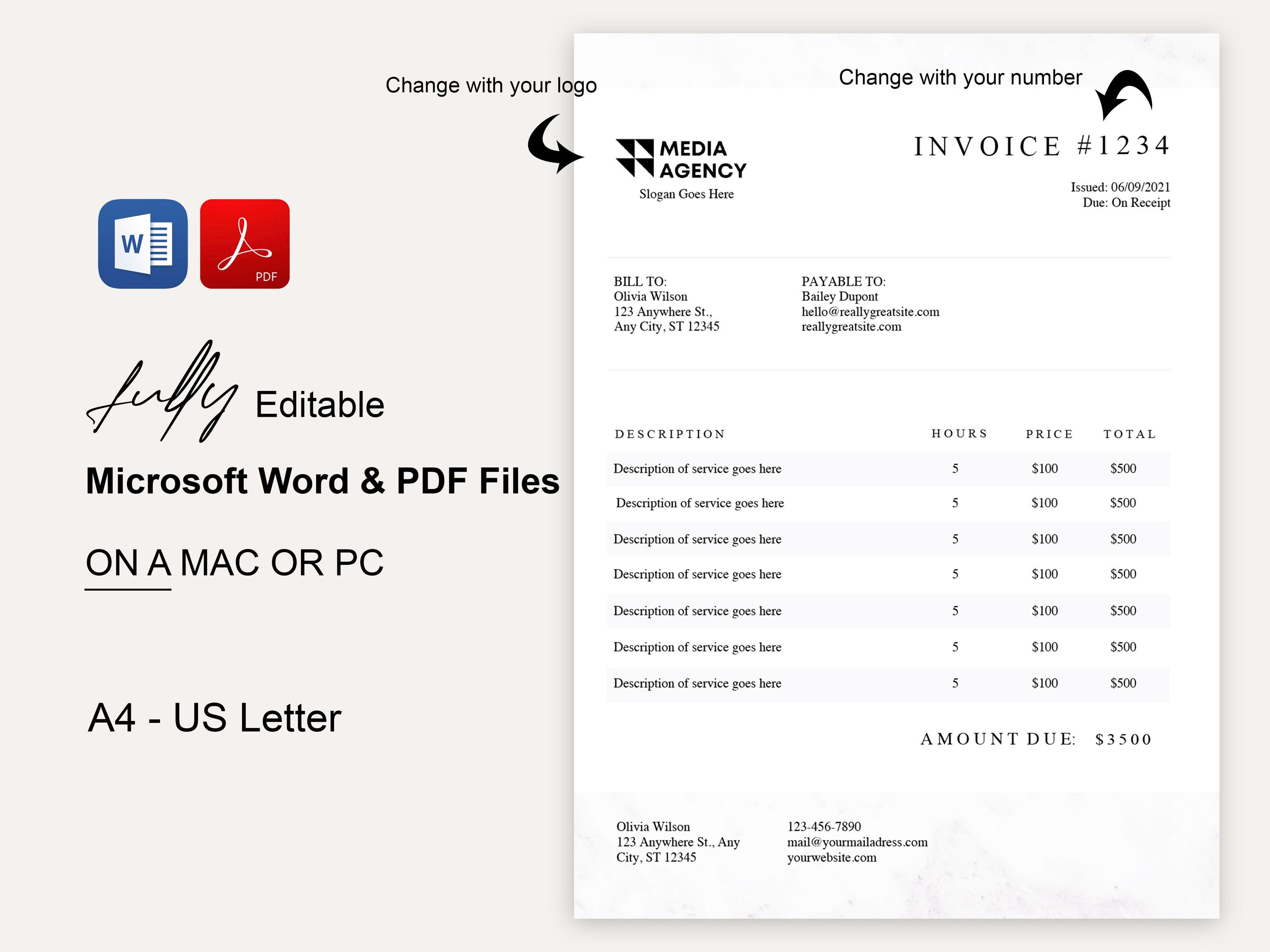 Editable Invoice Template Word PDF Download Printable Customizable ...