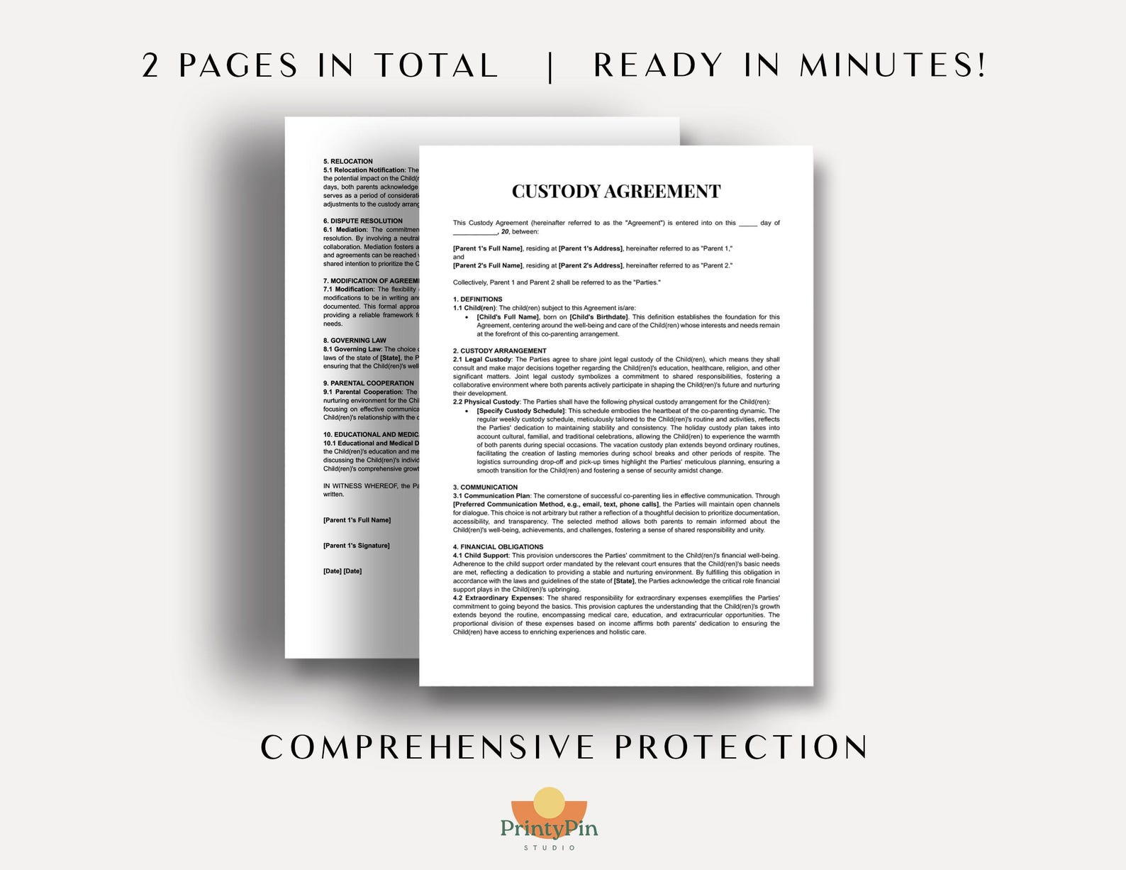 Child Custody Agreement Template Word & PDF Printable 50/50 Joint