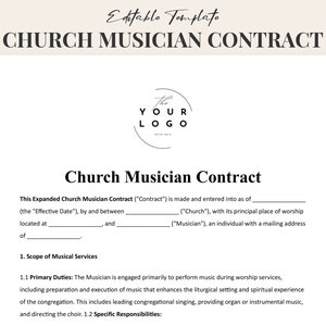 Plantilla de contrato personalizable para músico de iglesia: contrato de coro de iglesia editable, descarga instantánea, formulario de empleo para director de música de adoración.