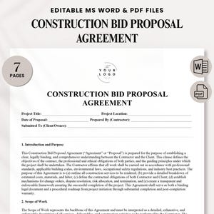 Könnte beinhalten: Ein weißes Dokument mit dem Titel „BAUANGEBOTSVEREINBARUNG“ mit bearbeitbaren MS Word- und PDF-Dateien. Das Dokument enthält Felder für Projektdetails und einen detaillierten Einführungs- und Zweckabschnitt. Das Dokument hat 7 Seiten.