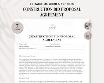 Construction Bid Proposal Template | Contractor Bid Proposal Form | Construction Estimate Contract Template | Editable PDF Word