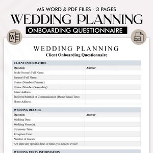 Peut inclure: Un questionnaire d'intégration pour la planification de mariage avec des sections pour les informations du client et les détails du mariage. Le questionnaire comprend des questions sur les noms de la mariée et du marié, les coordonnées, la date du mariage, le lieu et les heures de la cérémonie et de la réception.