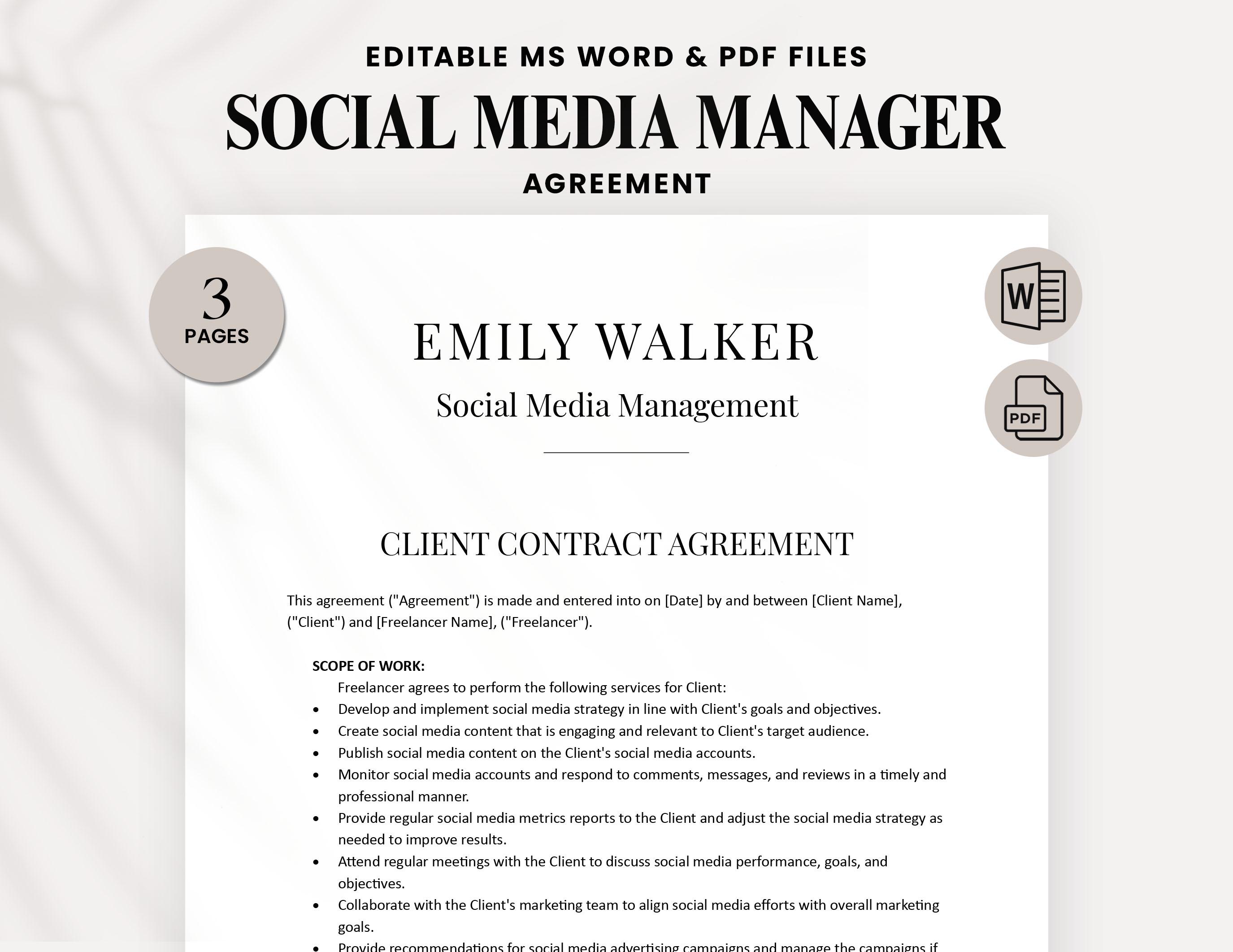 Freelance Social Media Manager Contract Template, Social Media Management Contract Template, Freelance Social Media Contract Template