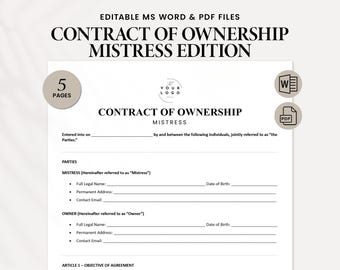 Contratto di proprietà - Edizione Mistress / Contratto di scambio di energia elettrica stampabile / Modello di contratto di relazione D/s - WORD e PDF modificabili