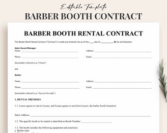 Barber Booth Rental Contract Template - Editable Hair Salon Lease Agreement - Professional Barber shop Rental PDF - Instant Download