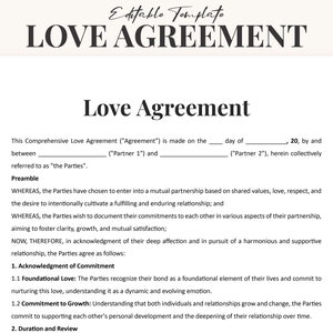 Editable Love Agreement Template - Couples Commitment Plan in Word & PDF, Customizable Relationship Blueprint for Harmony and Growth