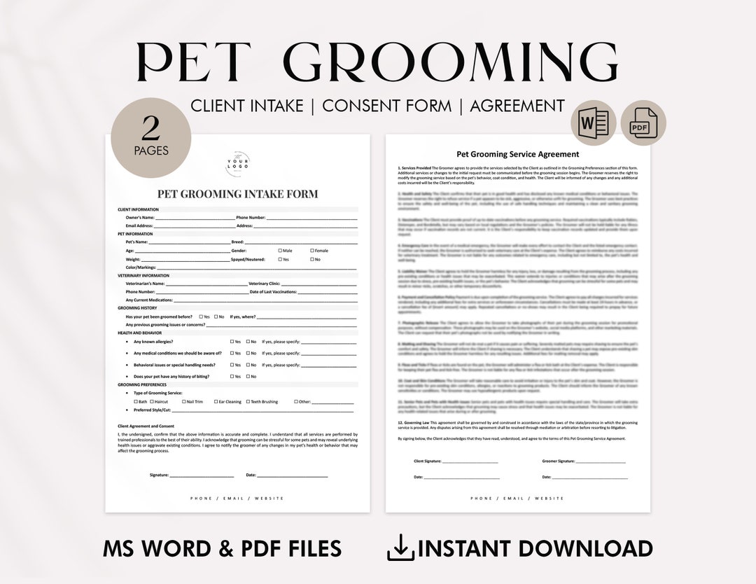 Pet Grooming Client Intake Form Template | Detailed Pet Grooming ...