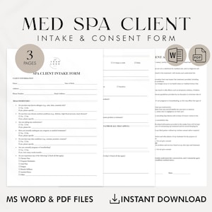 Spa Client Intake Form Med Spa Consent Form Editable Spa Consultation Form Client Health Questionnaire Printable PDF Digital Download