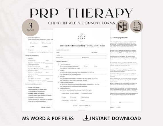 Platelet-Rich Plasma Therapy Client Intake Form Template - Editable PRP Therapy Form PDF - PRP Consent Forms - Esthetician Consultation Form