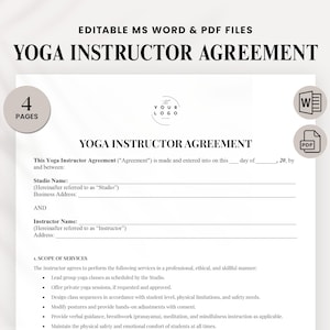 Op de afbeelding: Een wit document getiteld "YOGA INSTRUCTOR AGREEMENT" met de tekst "EDITABLE MS WORD & PDF FILES" bovenaan. Het document bevat velden voor studio- en instructeurinformatie en een scope of services. Pictogrammen voor MS Word- en PDF-bestanden zijn zichtbaar.