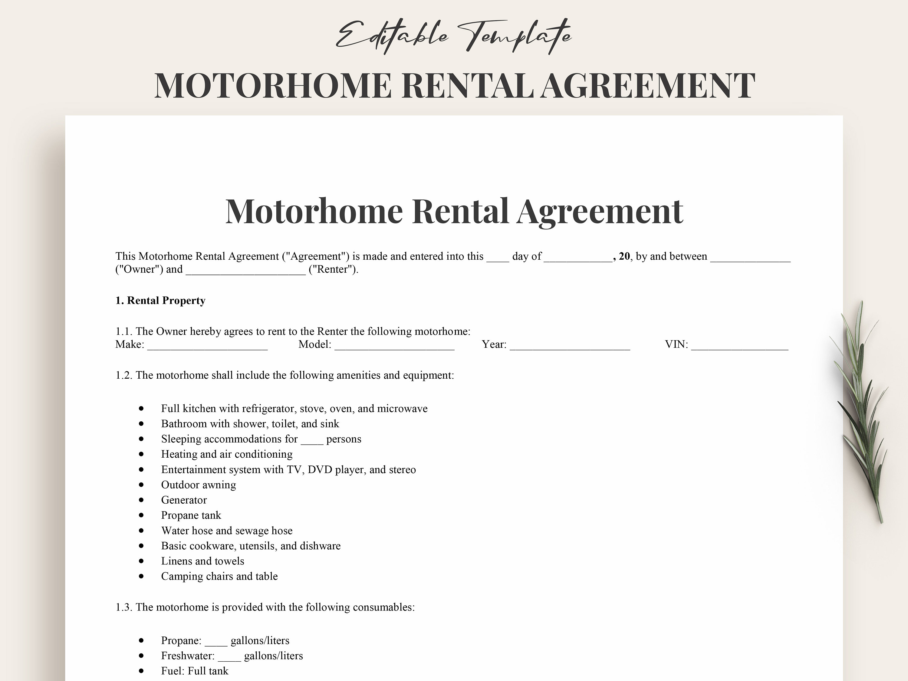 Motorhome Rental Contract Template - Rv Rental Agreement Contract - Rv ...