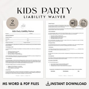Exención de responsabilidad para fiestas infantiles - Formulario de exención de responsabilidad para fiestas infantiles - Exención de responsabilidad personalizable para eventos infantiles - Formulario de consentimiento en PDF editable