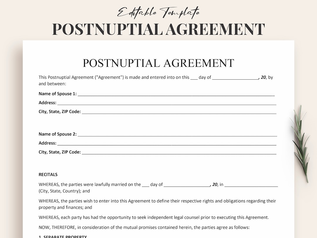Detailed Postnuptial Agreement Template Customizable Legal Document for Marital Property