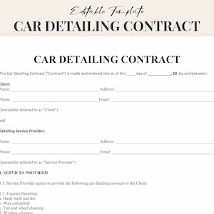 Op de afbeelding: Een zwart-witte, afdrukbare sjabloon voor een autodetailingcontract. Het contract bevat secties voor de informatie van de klant en de detailer, evenals een lijst met geleverde diensten.