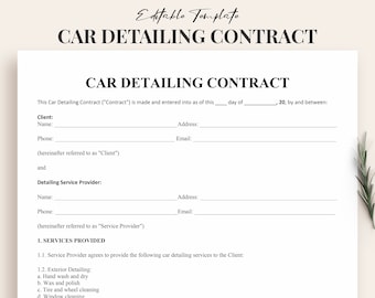 Car Detailing Contract Template, Editable Vehicle Detailing Agreement, Auto Detailing Contract, Vehicle Washing and Detailing services, Pdf