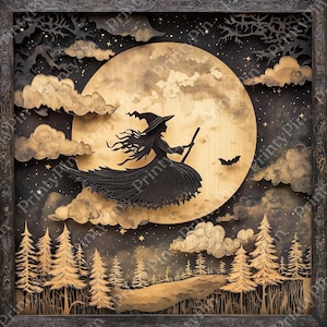 May include: A black silhouette of a witch flying on a broomstick in front of a large, full moon. The moon is made of wood and has a textured surface. The witch is wearing a pointed hat and a long, flowing dress. The background is a dark forest with stars in the sky.
