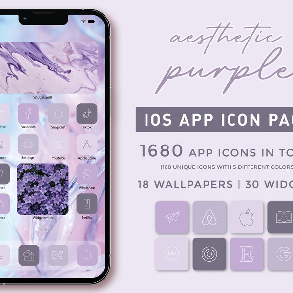 Purple Botanical Watercolor iOS App Icon Pack | 168 Unique Icons in 5 Colors Each + 30 Widgets + 18 Wallpapers | iPhone Covers Aesthetic Set