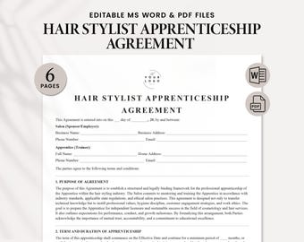 Hair Stylist Apprenticeship Agreement Template - Editable Salon Apprentice Contract - Professional Hair Salon Apprenticeship Agreement PDF