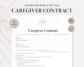 Caregiver Contract Template | Editable Caregiver Agreement PDF & WORD Form | Professional Home Care Contract | Personal Caregiver Agreement