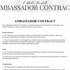 Professional Ambassador Contract Template | Legal Agreement for Brand Promotion | Influencer Contract | Marketing Services Agreement