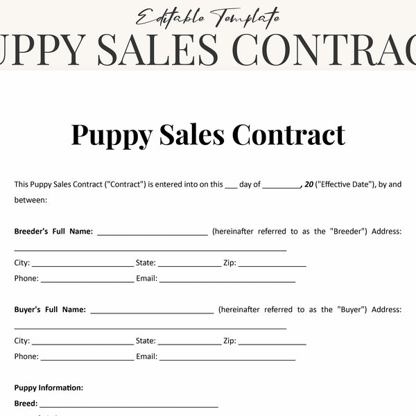 Puppy Sale Contract Template Word - Printable Blank Puppy Contract Templates - Breeder Puppy Adoption - Puppy Buying Agreement Template PDF