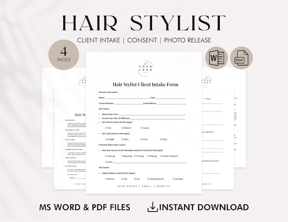 Hair Stylist Client Intake Form, Photo Release & Consent Template Bundle – Editable Word and PDF Files – Salon Forms, Hairdresser Stationery