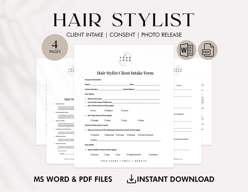 May include: A printable hair stylist client intake form template in black and white. The form includes sections for personal information, hair history, chemical history, scalp health, and consent. The document is available in both Word and PDF formats.