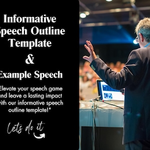 May include: A speaker is giving a presentation on stage in front of an audience. The speaker is wearing a suit jacket and is gesturing with their right hand. The text on the screen behind the speaker reads "Informative Speech Outline Template & Example Speech". The text below the screen reads "Elevate your speech game and leave a lasting impact with our informative speech outline template!" and "Lets do it".