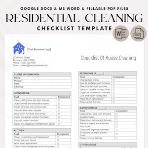 May include: A printable checklist template for residential cleaning services. The checklist includes sections for bedrooms, bathrooms, living room, kitchen, and other areas. Each section has a list of tasks to be completed, with checkboxes for marking completion.