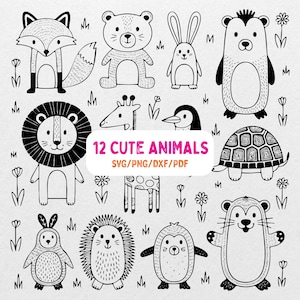 May include: Black and white illustrations of 12 cute animals, including a fox, bear, rabbit, lion, giraffe, penguin, turtle, hedgehog, and otter. The text "12 Cute Animals" is displayed in the center.