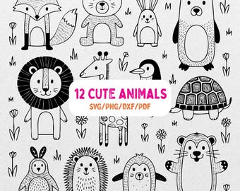Puede incluir: Ilustraciones en blanco y negro de 12 animales lindos, incluyendo un zorro, un oso, un conejo, un león, una jirafa, un pingüino y una tortuga. El texto "12 CUTE ANIMALS" se muestra en el centro.
