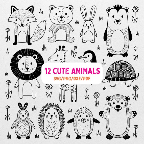 Cute Animal Clipart Bundle, Nursery Woodland Animal Illustrations, Hand Drawn Animal Doodles, Kawaii Animal Graphics, Kids Coloring Pages