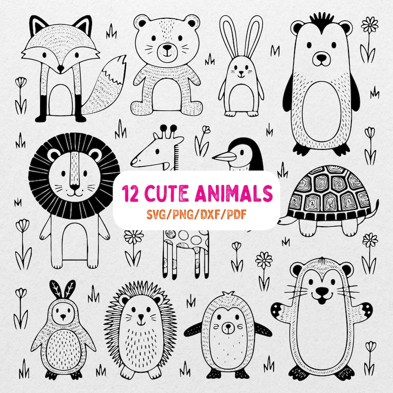 May include: Black and white illustrations of 12 cute animals, including a fox, bear, rabbit, lion, giraffe, penguin, turtle, hedgehog, and otter. The text "12 Cute Animals" is displayed in the center.