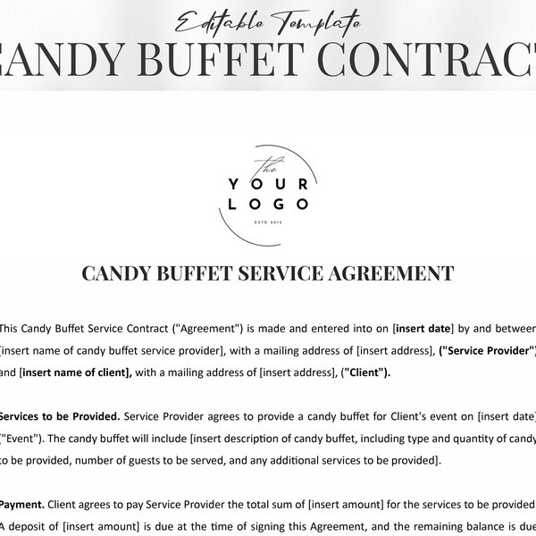 Modèle de contrat pour un buffet de bonbons, conditions générales de la table des desserts, contrat de services client pour une soirée événementielle, formulaires commerciaux imprimables pour produits sucrés