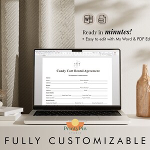 May include: A laptop computer displaying a printable Candy Cart Rental Agreement template. The template is customizable and can be edited in Microsoft Word or Adobe PDF. The text on the screen reads "Candy Cart Rental Agreement".