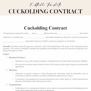 Puede incluir: Un documento legal en blanco y negro titulado "Cuckolding Contract". El documento describe los términos de un acuerdo entre dos partes, denominadas "Cuckold", "Hotwife" y "Bull". El documento incluye cláusulas para la duración del contrato, la discreción y la comunicación.