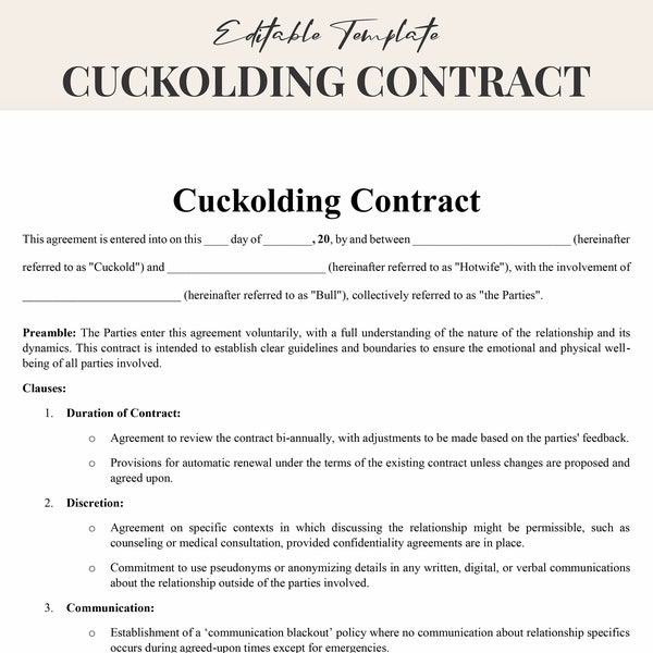 Cuckolding Contract Template PDF - Cuckold Agreement with Detailed Clauses and Customizable - Instant Download Word Document