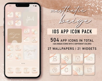iOS 16 App iCons, Cozy Beige 504 Icons with Bonus Wallpapers and Widgets, 168 icons in 3 aeshetic Beige shades, Minimalist and Boho widgets