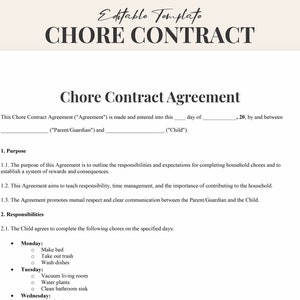 Plantilla de contrato de tareas domésticas para niños / Acuerdo detallado de tareas domésticas / Tabla de responsabilidades personalizable