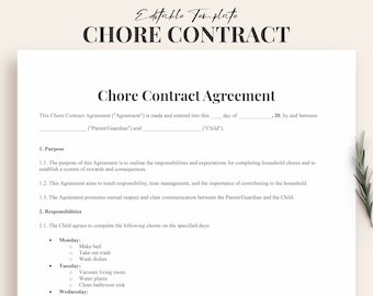 May include: A printable chore contract agreement template for parents and children. The document outlines responsibilities, expectations, and a system of rewards and consequences for completing household chores.