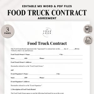 Printable Food Truck Contract Template - Food Truck Rental Agreement Template Word & PDF - Editable Catering Truck Lease Template
