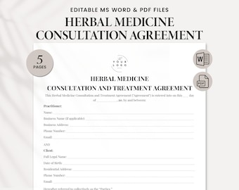 Herbal Medicine Consultation Agreement Template - Professional Herbalist Contract - Treatment Intake Form for Herbalists - Editable PDF