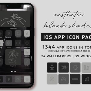May include: A black and white phone screen with a set of 1344 app icons in a minimalist aesthetic. The icons are in four different colors and are arranged in a grid pattern. The phone screen also includes a wallpaper with a line drawing of hands and a rose. The text "aesthetic black shades" and "IOS APP ICON PACK" is displayed on the screen.