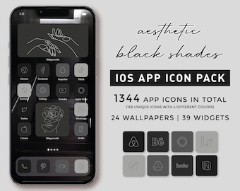iPhone iOS 17 & iOS 26 App Icons Set, 1344 Icons with Bonus Minimalist and Boho Wallpapers and Widgets, 168 icons in 4 black and gray shades