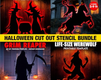 Halloween Theme Scene Template, Halloween Scene Lawn Decor, Outdoor Silhouette Template, Print, Trace & Cut, Stencils, PDF, Instant Download