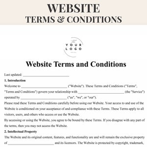 Op de afbeelding: Websitevoorwaarden document met een zwart-wit logo van "The Your Logo" in een cirkel. Het document bevat de tekst "Laatst bijgewerkt:" en "Welkom op" gevolgd door lege regels die de gebruiker kan invullen.