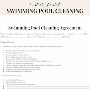 Swimming Pool Cleaning Contract Template | Detailed Pool Service Agreement | Customizable Pool Maintenance Form | PDF & WORD Document