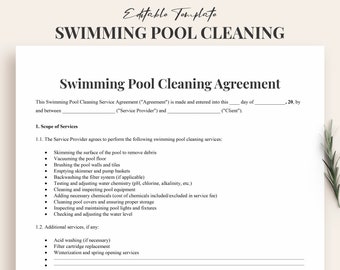 Swimming Pool Cleaning Contract Template | Detailed Pool Service Agreement | Customizable Pool Maintenance Form | PDF & WORD Document