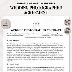 May include: A wedding photographer contract template in MS Word and PDF format. The document includes sections for scope of services and payment terms. The design features a neutral color palette with the text "Wedding Photographer Agreement".